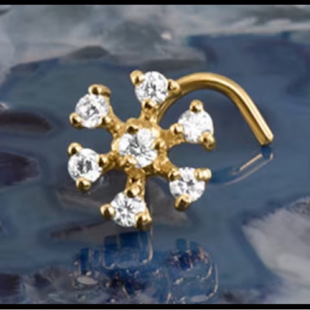 🌕❄️💎14K Solid Yellow Gold Crystal Snowflake Nose Stud